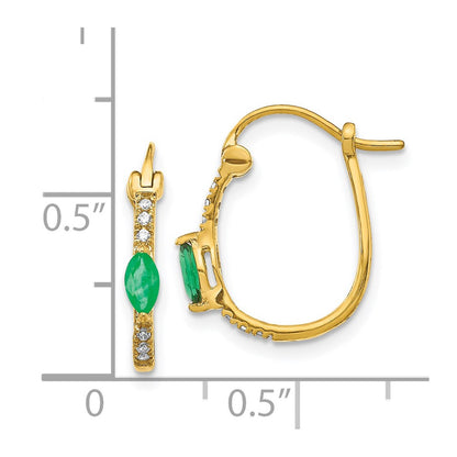 14k Yellow Gold 1/20ct Real Diamond and Emerald Hinged Hoop Earrings