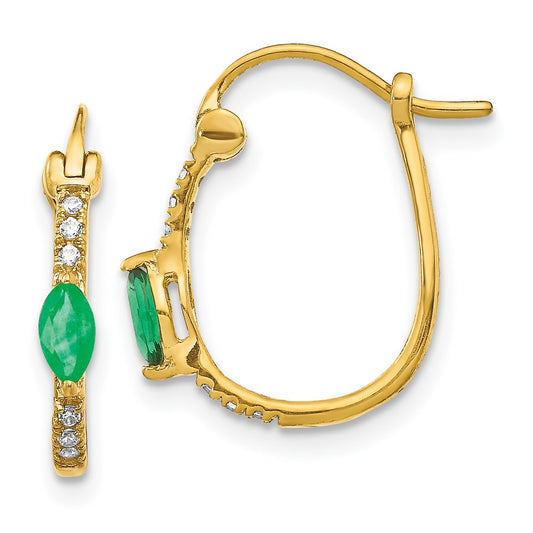 14k Yellow Gold 1/20ct Real Diamond and Emerald Hinged Hoop Earrings