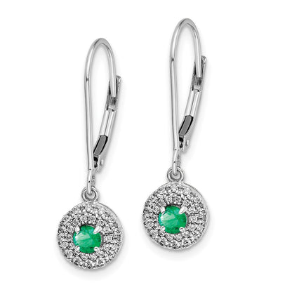 14k White Gold Real Diamond Halo Emerald Leverback Dangle Earrings