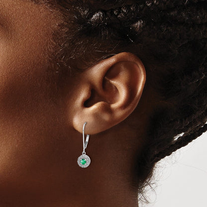 14k White Gold Real Diamond Halo Emerald Leverback Dangle Earrings