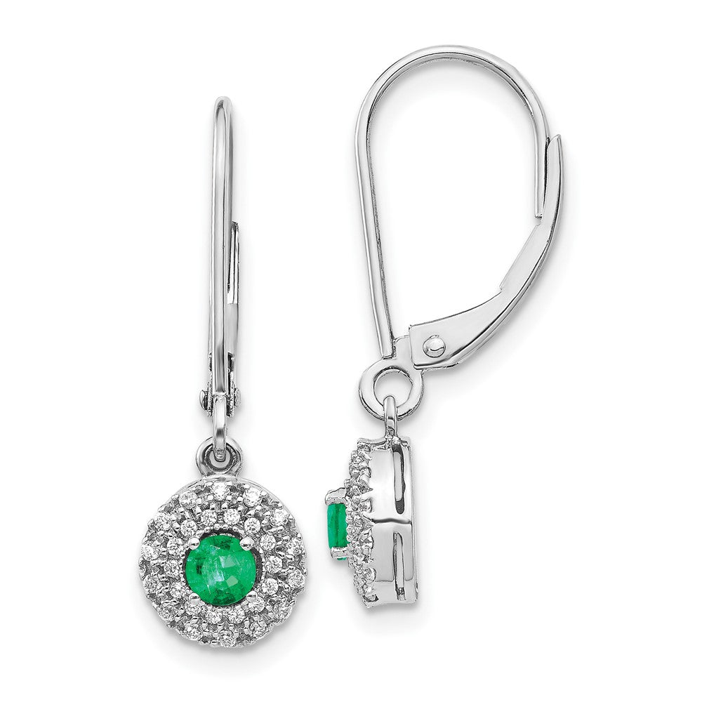 14k White Gold Real Diamond Halo Emerald Leverback Dangle Earrings EM5605-EM-020-WA