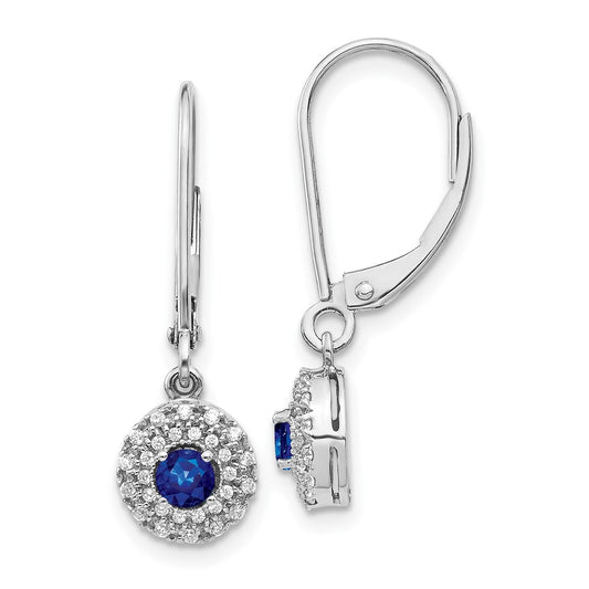 Solid 14k White Gold Simulated CZ Halo Sapphire LeverbacK Dangle Earrings