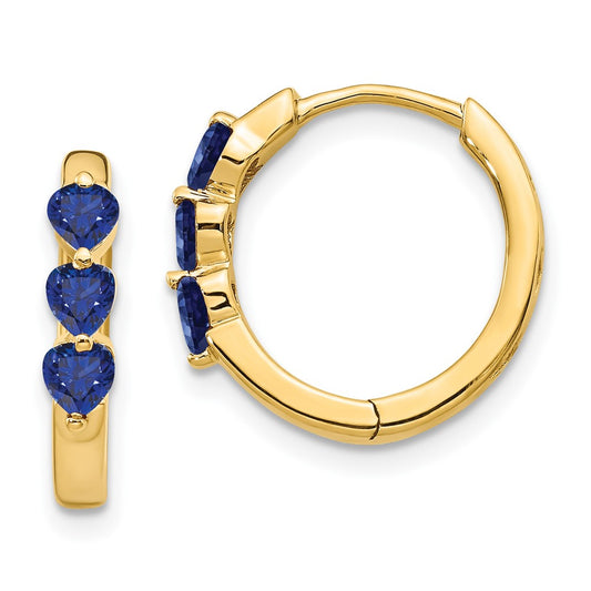 Solid 14k Yellow Gold Created Simulated Sapphire Polished Hinged Hoop Earrings
