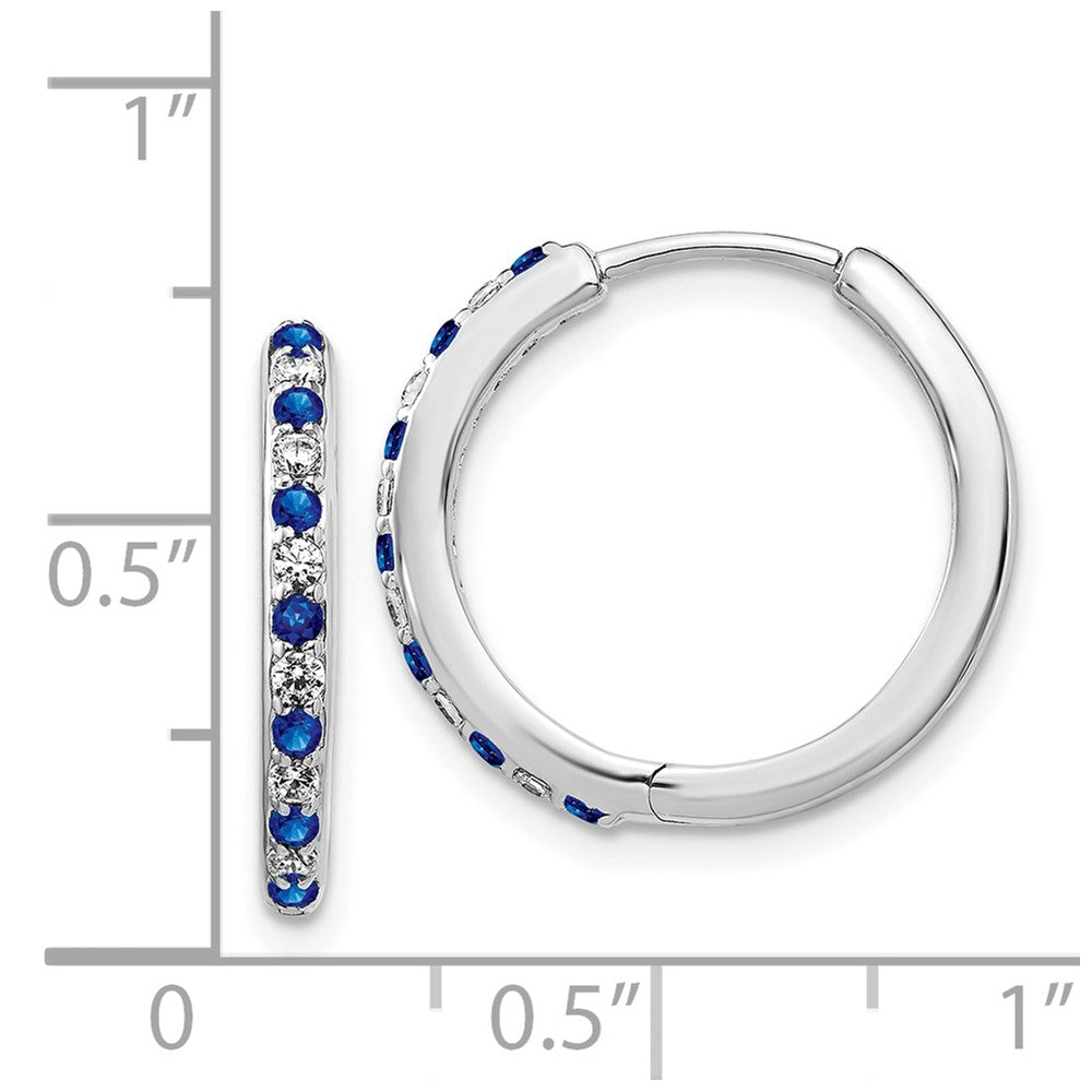 Solid 14k White Gold Simulated CZ and Sapphire Hinged Hoop Earrings