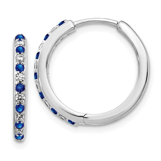 Solid 14k White Gold Simulated CZ and Sapphire Hinged Hoop Earrings