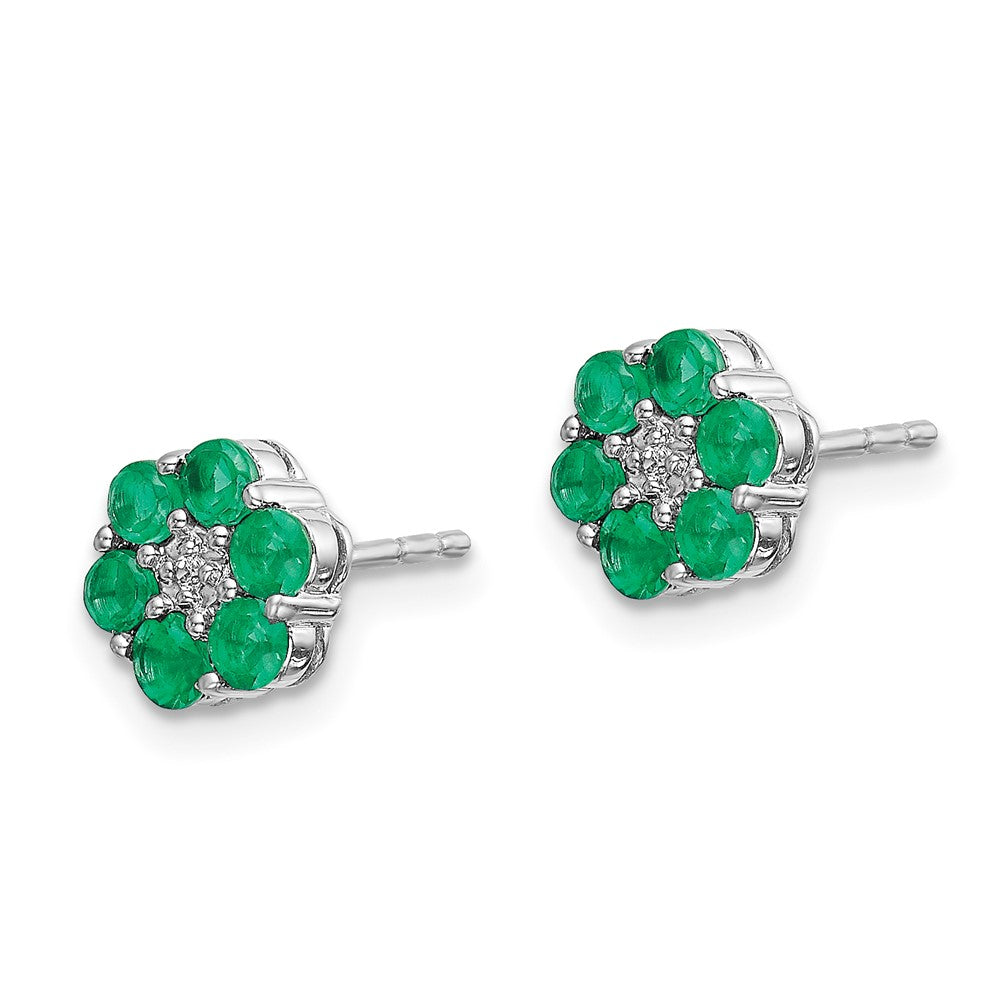 14k White Gold Polished Emerald and Real Diamond Post Earrings