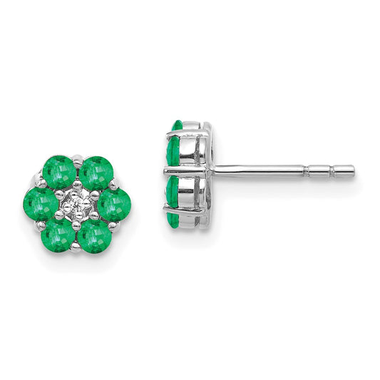 14k White Gold Polished Emerald and Real Diamond Post Earrings