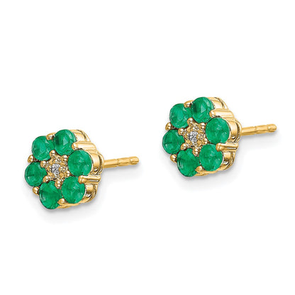 14k Yellow Gold and Rhodium Emerald and Real Diamond Post Earrings