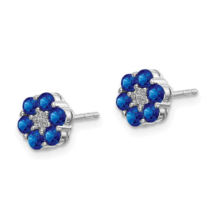 14k White Gold Polished Sapphire and Real Diamond Post Earrings