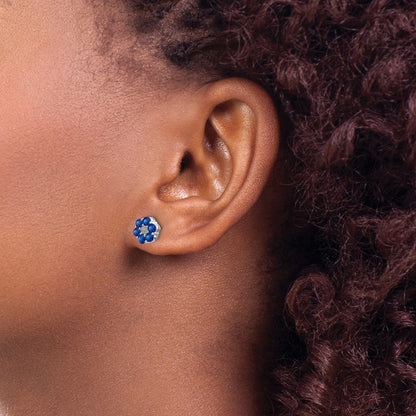 14k White Gold Polished Sapphire and Real Diamond Post Earrings