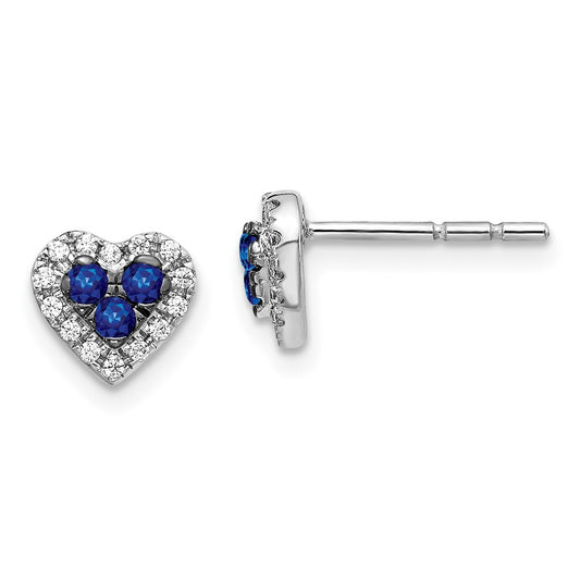 Solid 14k White Gold Simulated CZ and Sapphire Heart Post Earrings