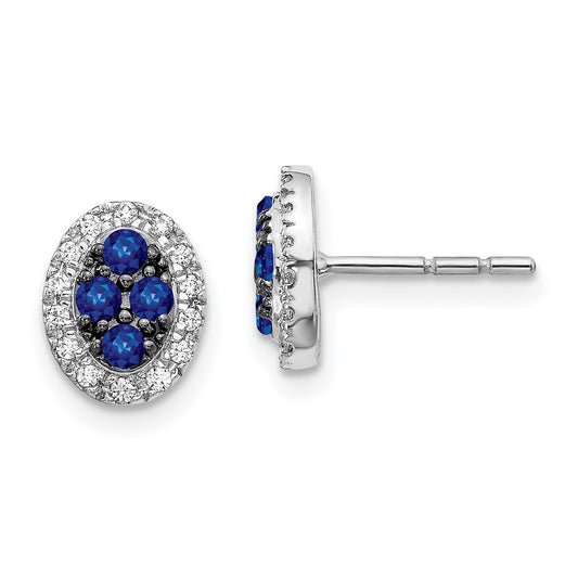 Solid 14k White Gold Simulated CZ and Sapphire Oval Post Earrings