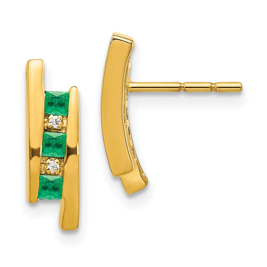 14k Yellow Gold Real Diamond and Emerald Earrings