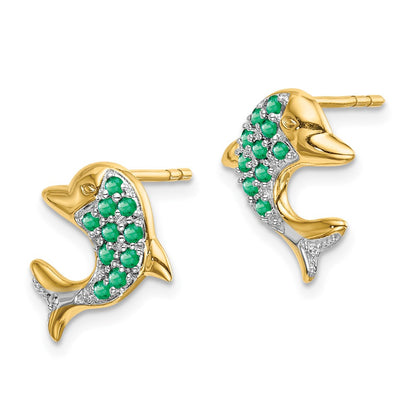 14k Yellow Gold and Rhodium Emerald and Real Diamond Dolphin Post Earrings