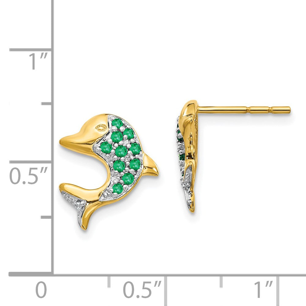 14k Yellow Gold and Rhodium Emerald and Real Diamond Dolphin Post Earrings