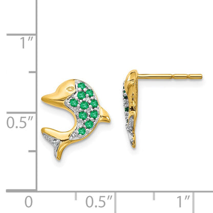14k Yellow Gold and Rhodium Emerald and Real Diamond Dolphin Post Earrings