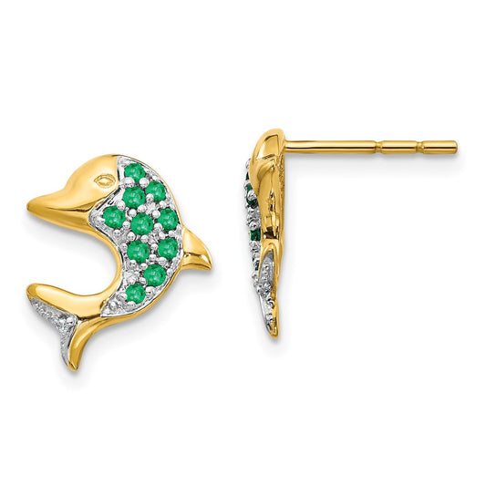 14k Yellow Gold and Rhodium Emerald and Real Diamond Dolphin Post Earrings