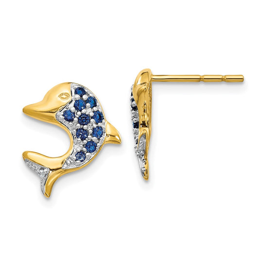 Solid 14k Yellow & Rhodium w/Rhodium Marquise Simulated Sapphire Simulated/Simulated CZ Dolphin Post Earrings