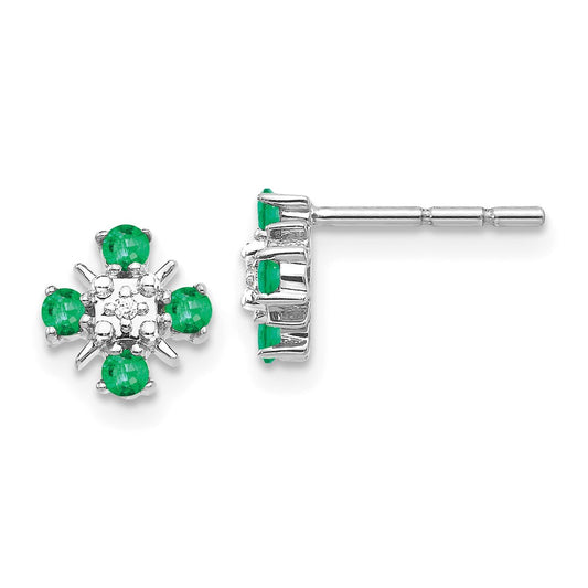 14k White Gold Emerald and Real Diamond Post Earrings