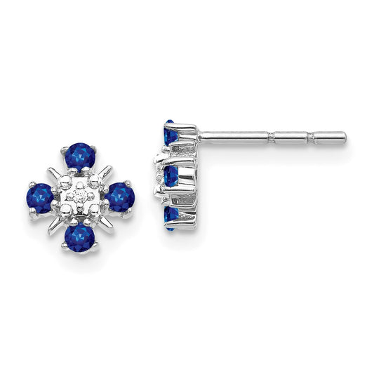 Solid 14k White Gold Blue Simulated Sapphire and CZ Post Earrings
