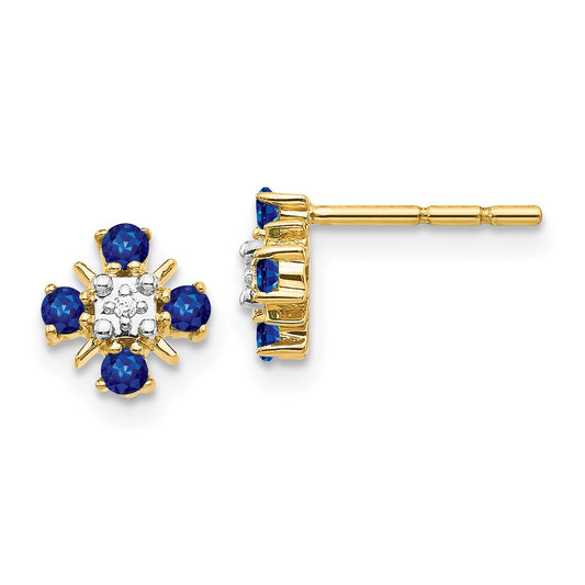 Solid 14k Yellow Gold Blue Simulated Sapphire and CZ Post Earrings