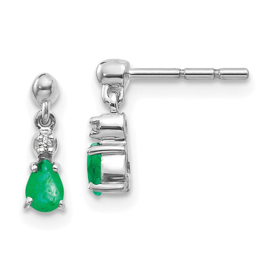 14k White Gold Emerald and Real Diamond Dangle Post Earrings