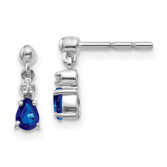 Solid 14k White Gold Blue Simulated Sapphire and CZ Dangle Post Earrings