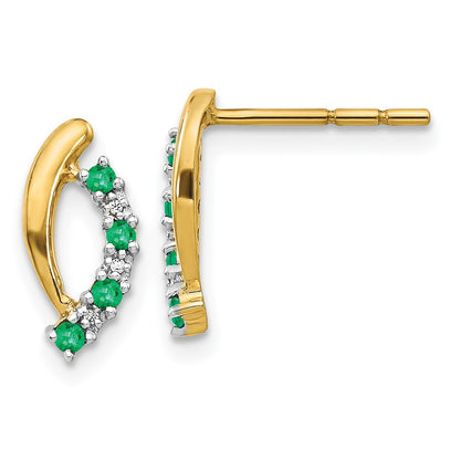 14k Yellow Gold Real Diamond and Emerald Post Earrings