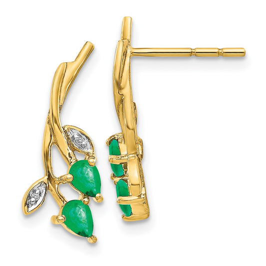 14k Yellow Gold Real Diamond and Pear Emerald Floral Post Earrings