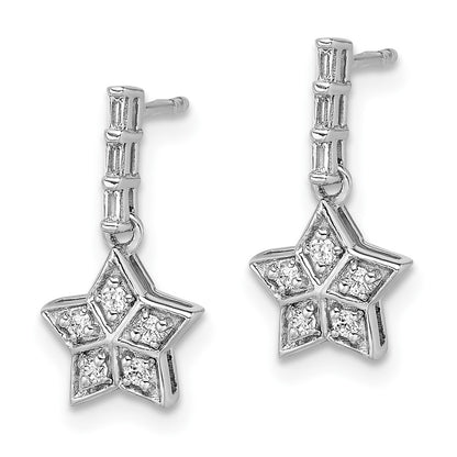 14k White Gold Real Diamond Star Dangle Earrings
