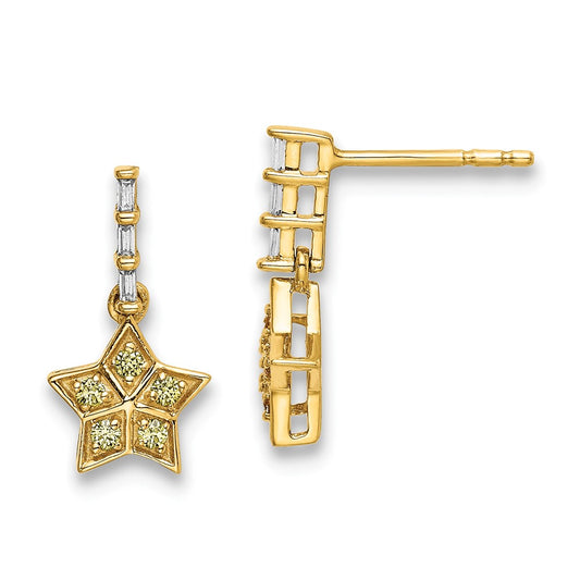 14k Yellow Gold Real Diamond and Yellow Sapphire Star Dangle Earrings