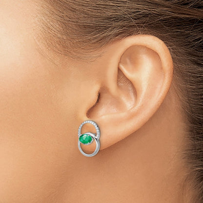 14k White Gold Double Circle Emerald/Real Diamond Post Earrings