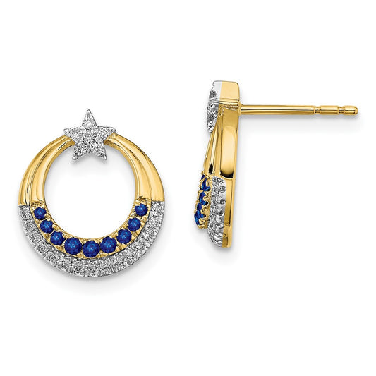 Solid 14k Yellow Gold Polished Simulated Sapphire and CZ Star Circle Post Earrings