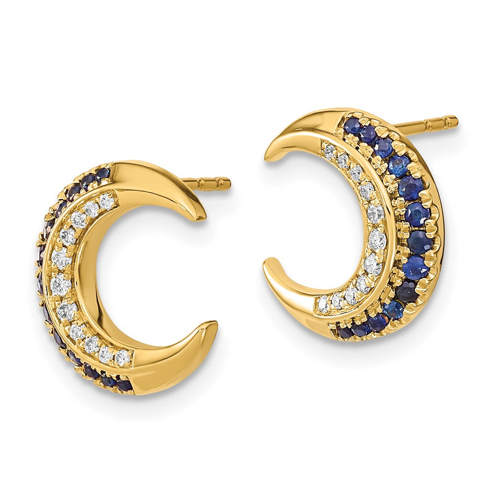 Solid 14k Yellow Gold Polished Moon Simulated Sapphire and CZ Post Earrings