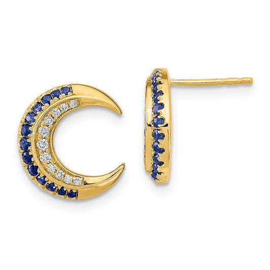 Solid 14k Yellow Gold Polished Moon Simulated Sapphire and CZ Post Earrings