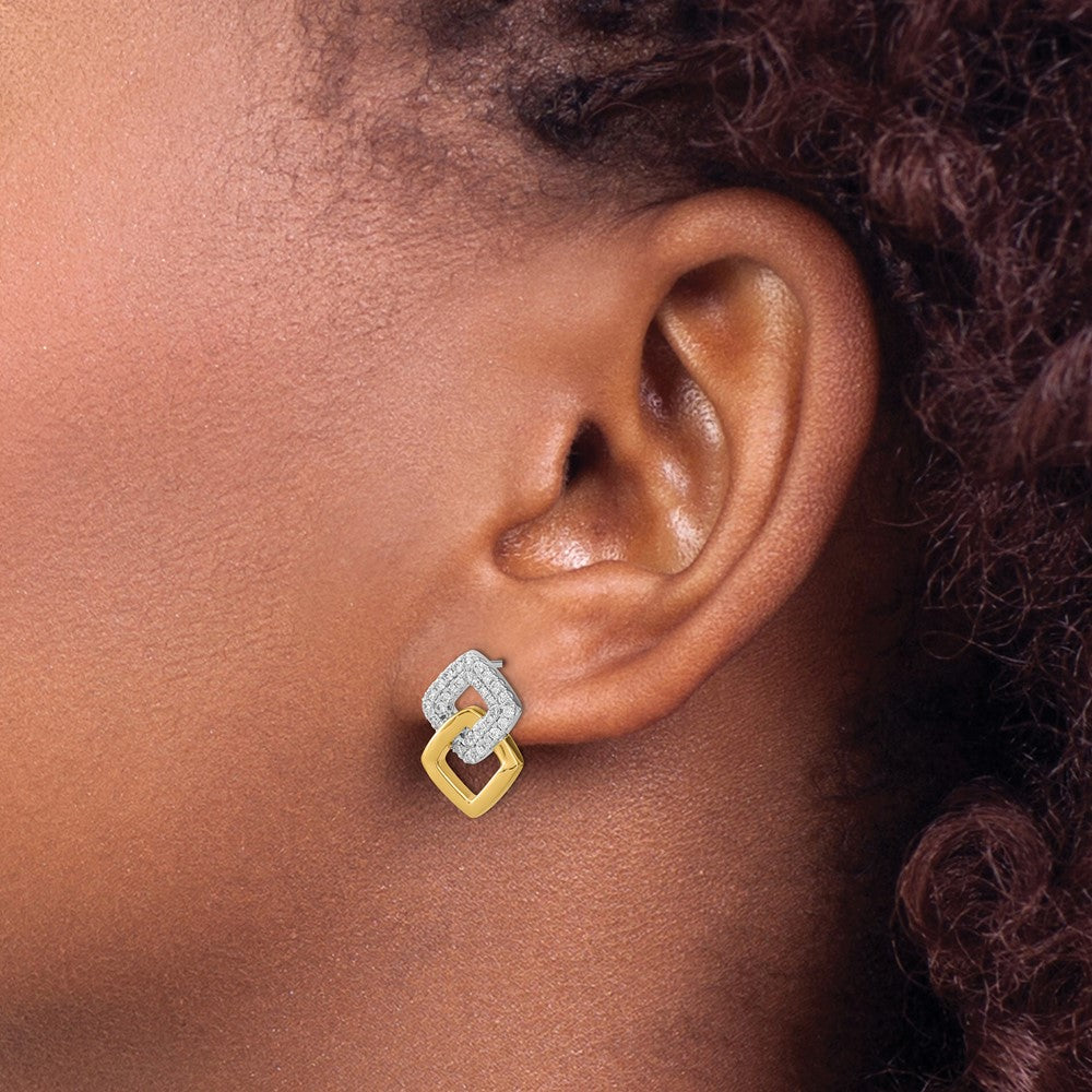 14k Yellow Gold Two-tone Polished Real Diamond Double Square Post Earrings