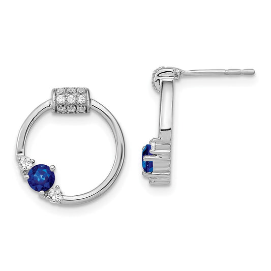 Solid 14k White Gold Polished Simulated CZ and Blue Sapphire Circle Post Earrings