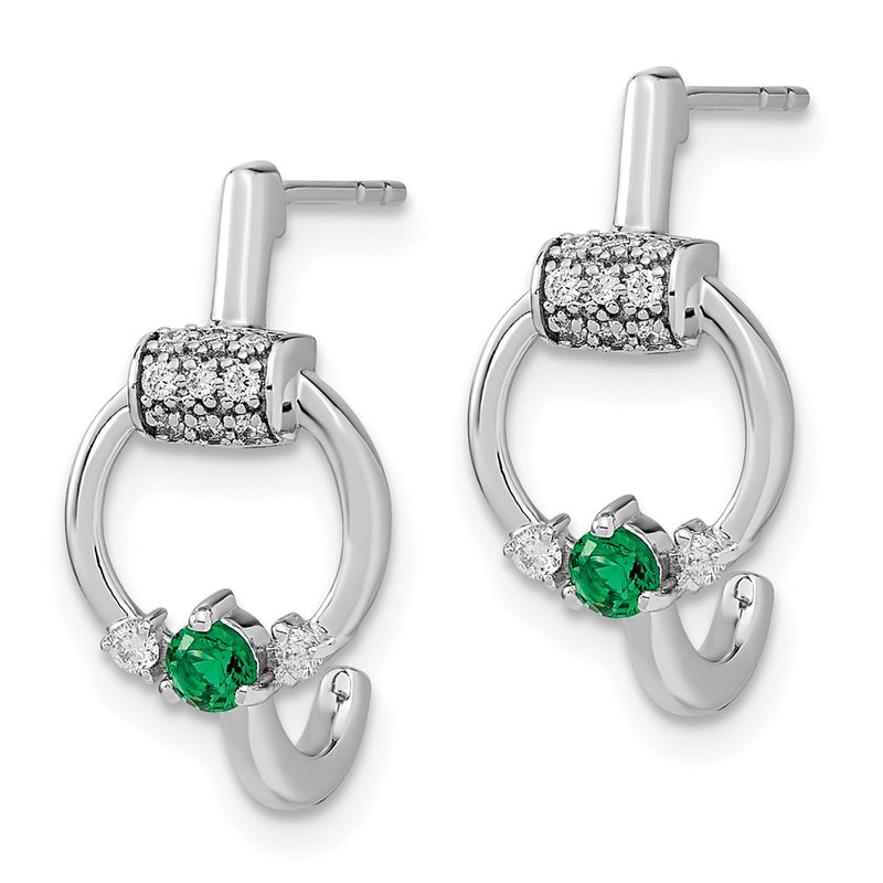 14k White Polished Real Diamond and Emerald Circle J-hoop Earrings
