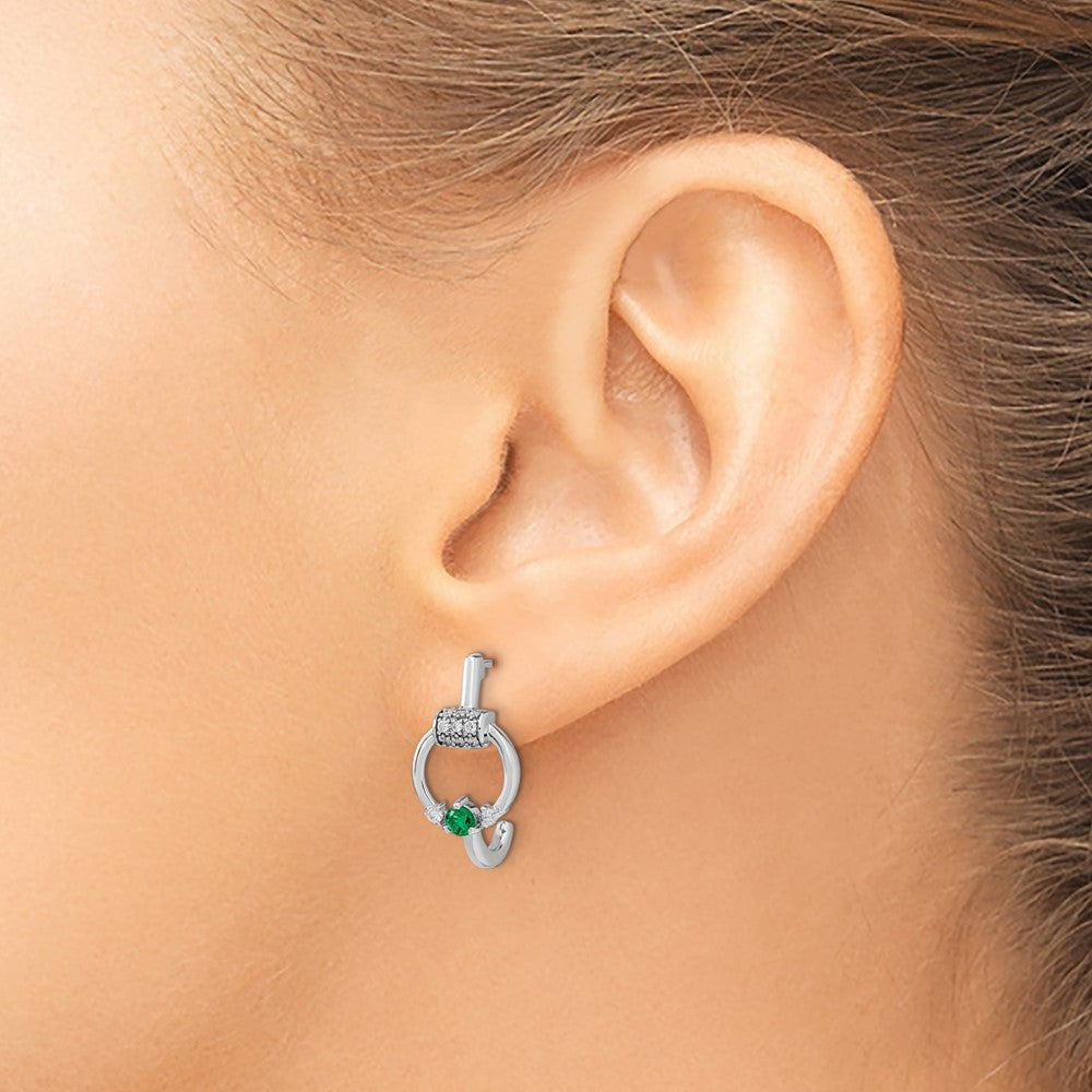 14k White Polished Real Diamond and Emerald Circle J-hoop Earrings