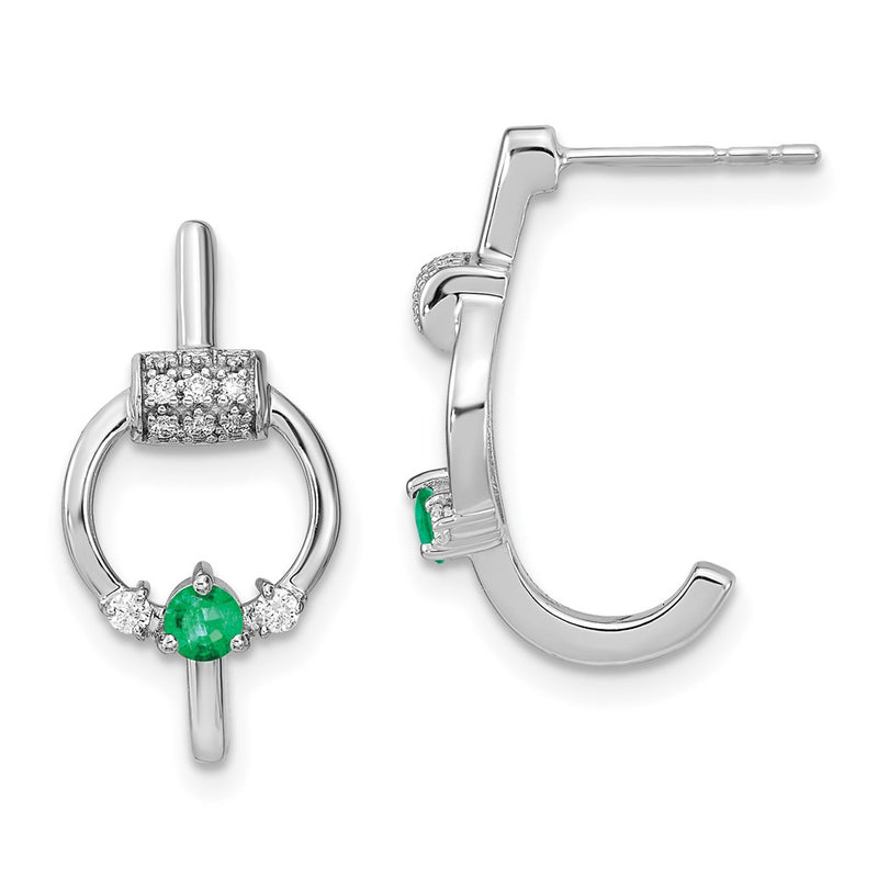 14k White Polished Real Diamond and Emerald Circle J-hoop Earrings