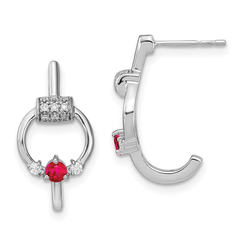 14k White Polished Real Diamond and Ruby Circle J-hoop Earrings EM6887-RU-015-WA