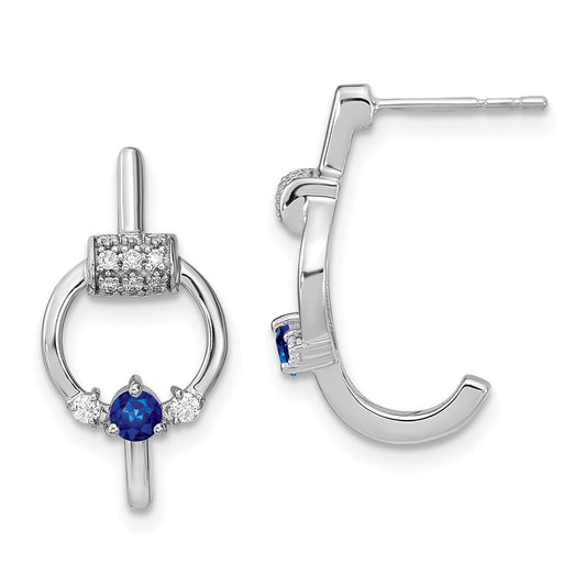 Solid 14k White Gold Polished Simulated CZ and Blue Sapphire Circle J-hoop Earrings