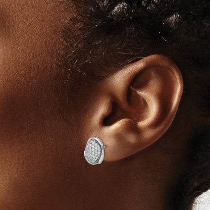 14k White Polished Oval Pave Real Diamond Post Earrings