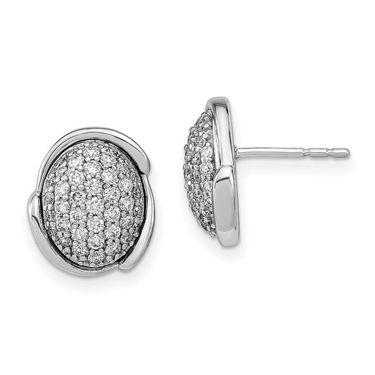 14k White Polished Oval Pave Real Diamond Post Earrings