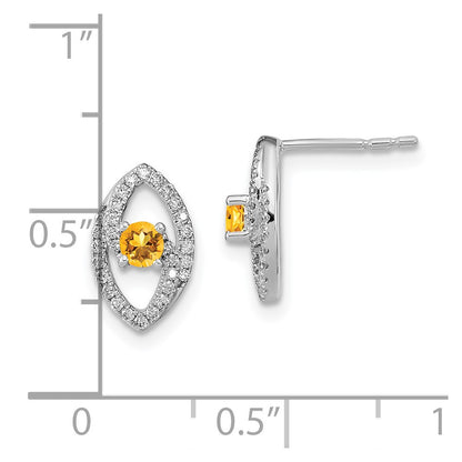 14k White Gold Polished Real Diamond and Citrine Post Earrings