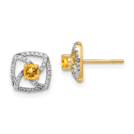 14k Yellow Gold Polished Real Diamond and Citrine Square Post Earrings