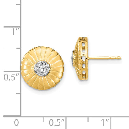 14k Yellow Gold Satin Real Diamond Flower Post Earrings