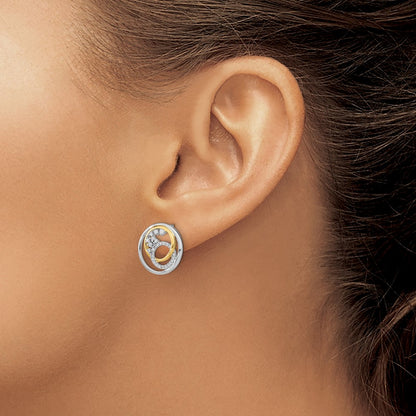14k Yellow Gold Two-tone Polished Real Diamond Circle Cluster Post Earrings