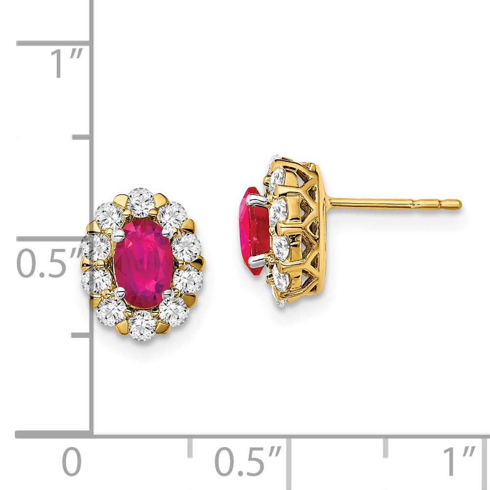 14k Yellow Gold Oval Ruby and Real Diamond Halo Post Earrings
