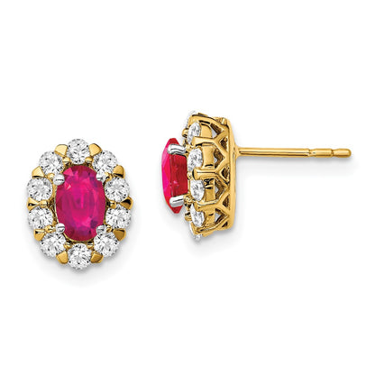 14k Yellow Gold Oval Ruby and Real Diamond Halo Post Earrings